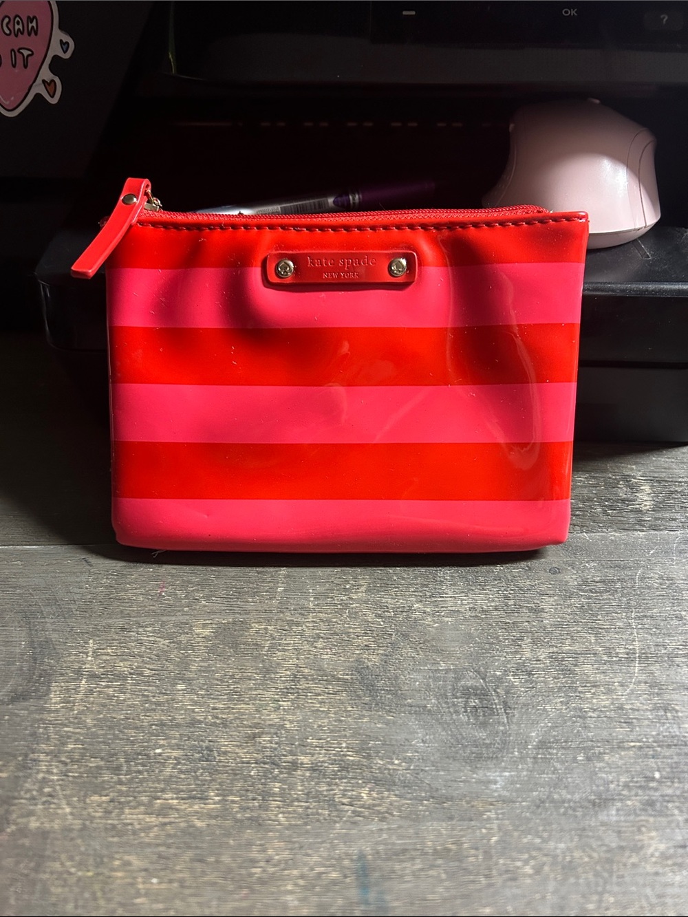 kate spade Red and Pink Striped Vinyl Cosmetic Pouch